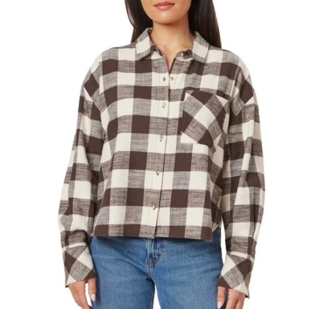 Scotch & Soda Amsterdam Brown and Cream Plaid Cropped Flannel